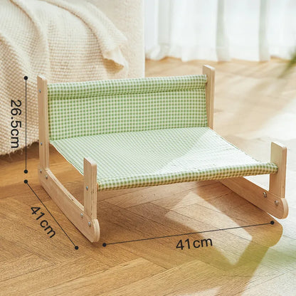 Wooden elevated cat hammock bed with soft fabric insert in blue or green colour options