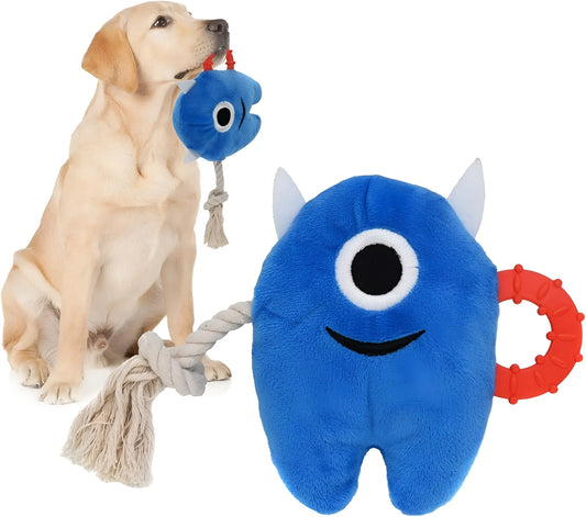 Blue and green plush dog toy with integrated cotton rope and squeaker for interactive play