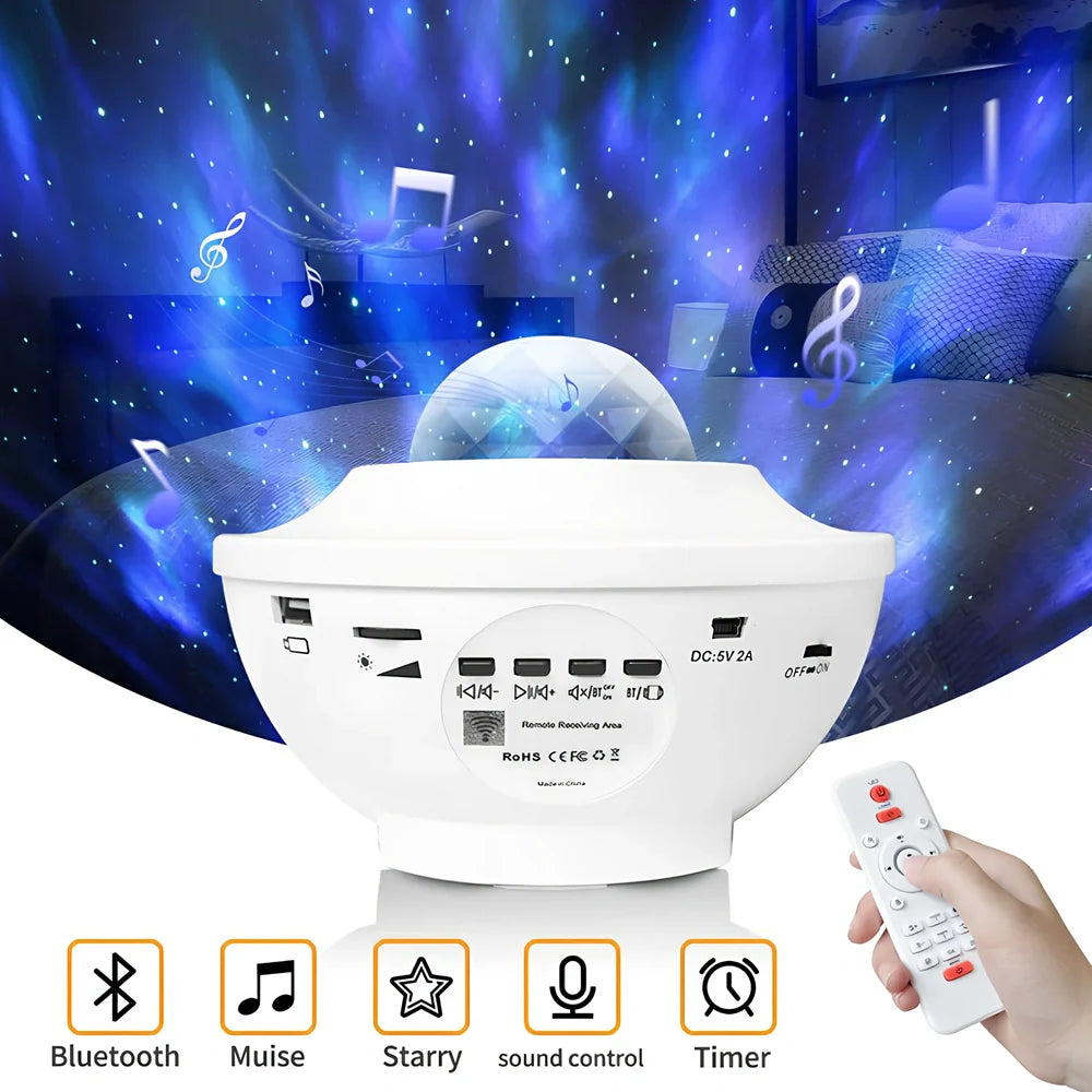 Black Bluetooth music laser projector light with remote control showing compact 160mm dimensions