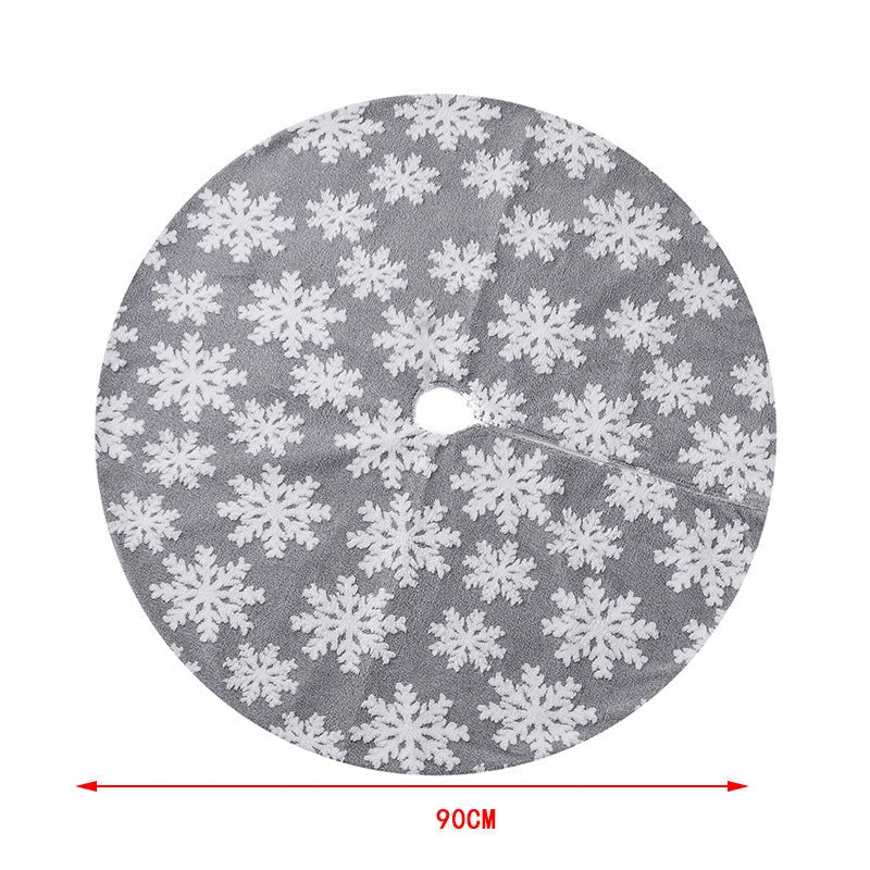 Elegant Christmas tree skirt with plush snowflake design, creating a cozy and festive holiday atmosphere.