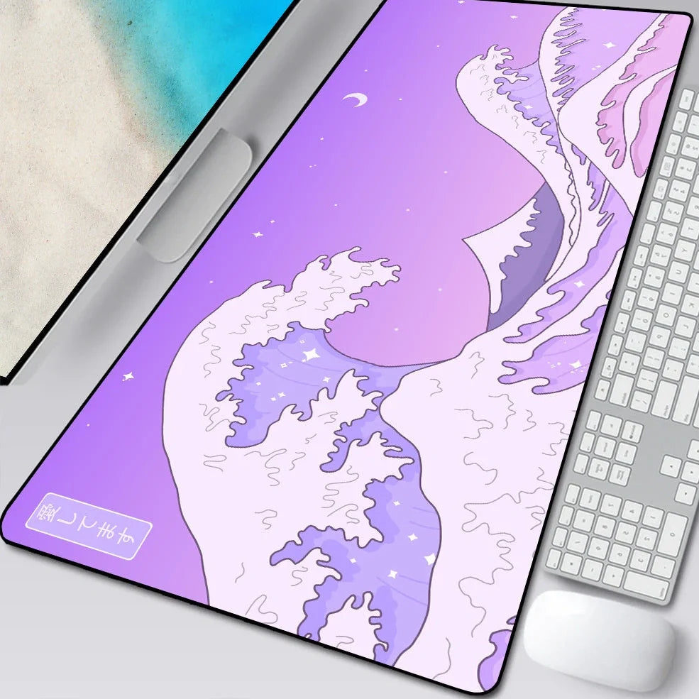 Natural rubber computer mouse pad with printed cloth surface and overlock stitching in multiple size options