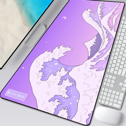 Natural rubber computer mouse pad with printed cloth surface and overlock stitching in multiple size options