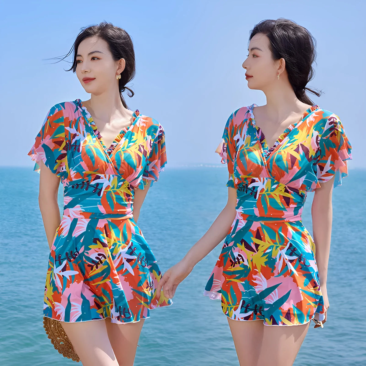 Women's colourful print cover belly siamese one-piece swimsuit
