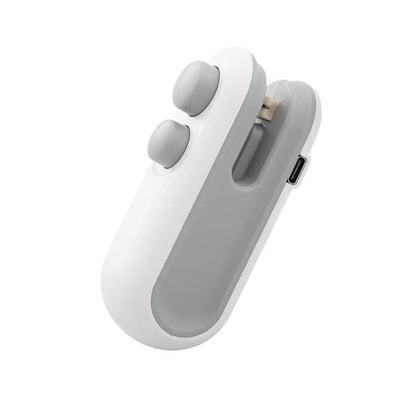 Blue and white handheld USB rechargeable heat sealer with cutter for sealing chip bags