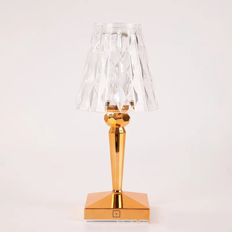 Portable touch projection night light with rose gold plating and acrylic construction, showing compact 14.5x14.5x30cm dimensions