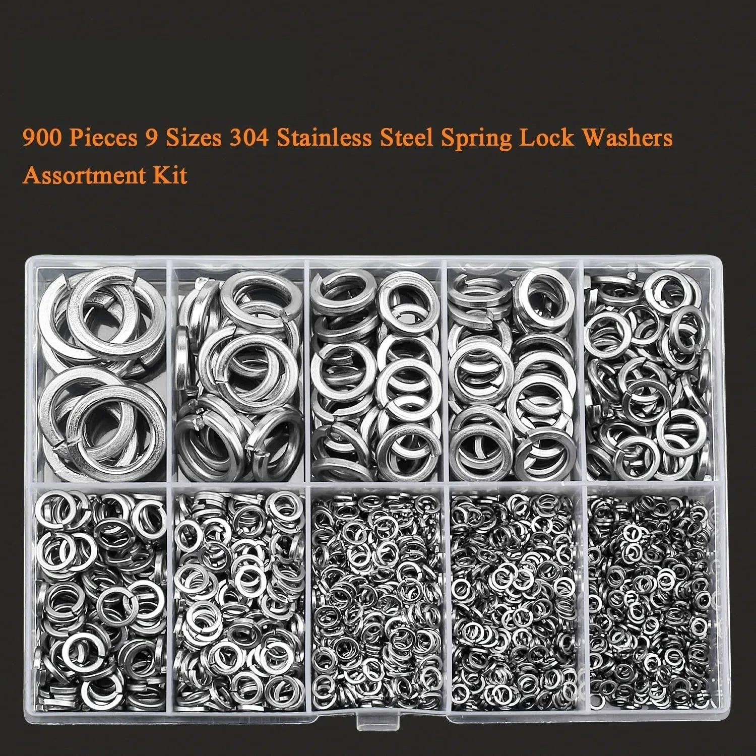 304 stainless steel spring lock washer assortment with 900 pieces in plastic storage container