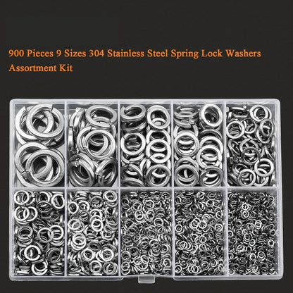 304 stainless steel spring lock washer assortment with 900 pieces in plastic storage container