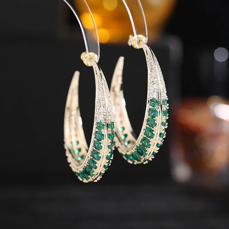 Geometric women's hoop earrings in gold white, purple, green, black, or silver white zirconium plating.