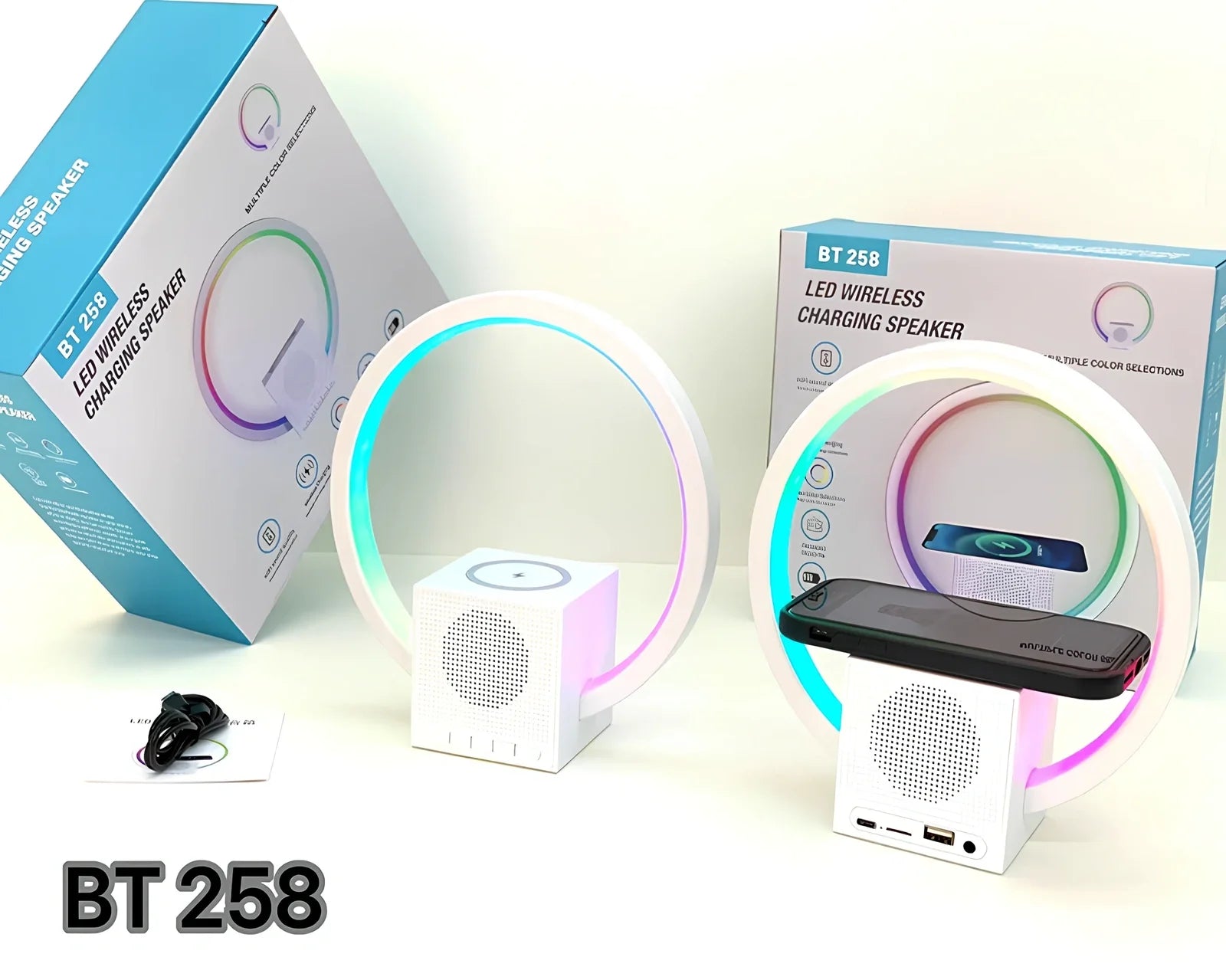 White Smart Ambience Light Bluetooth Speaker Wireless Charger unit showing wireless charging area, speaker components, and ambient lighting