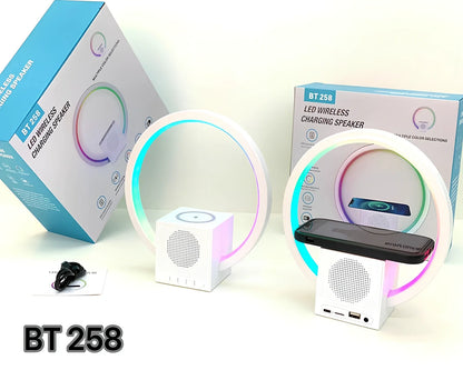 White Smart Ambience Light Bluetooth Speaker Wireless Charger unit showing wireless charging area, speaker components, and ambient lighting