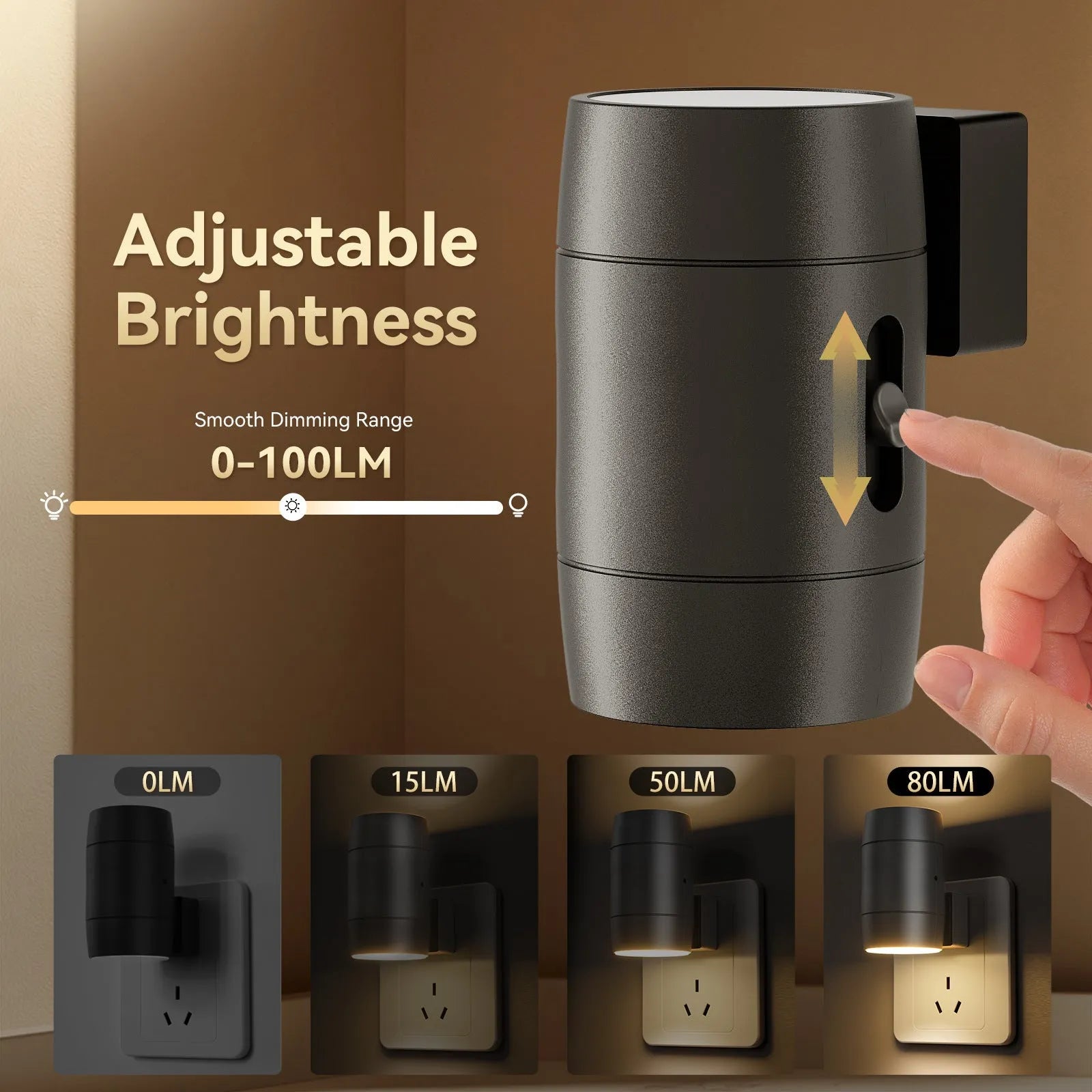 Direct plug-in bedside night lamp with adjustable brightness controls and rotating head in warm 3000K light colour