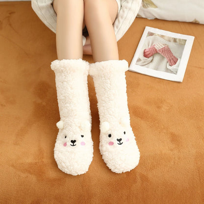 Cozy coral fleece socks with unique Japanese-inspired cartoon designs, providing warm and comfortable indoor lounging and sleeping