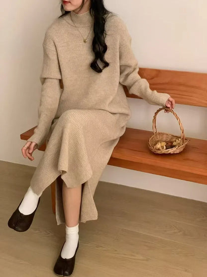 Half turtleneck knitting dress in graphite colour with overknee length and high waist design for commuting style.