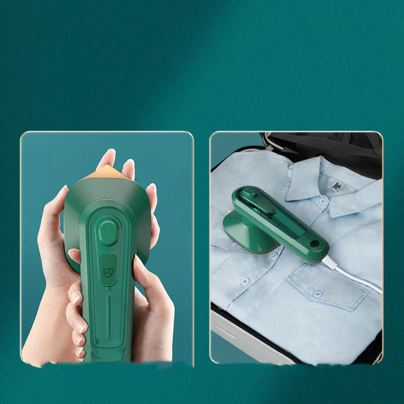 Dark green handheld portable garment ironing machine with titanium panel