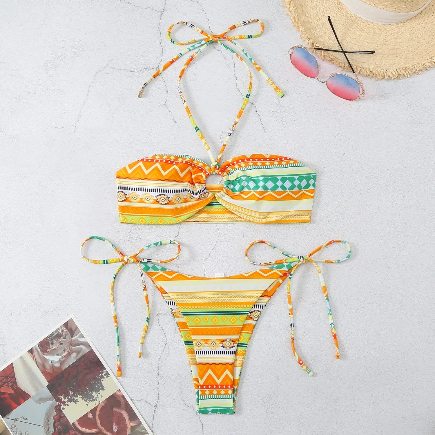Women's green stripe halterneck bikini swimsuit with high-cut briefs