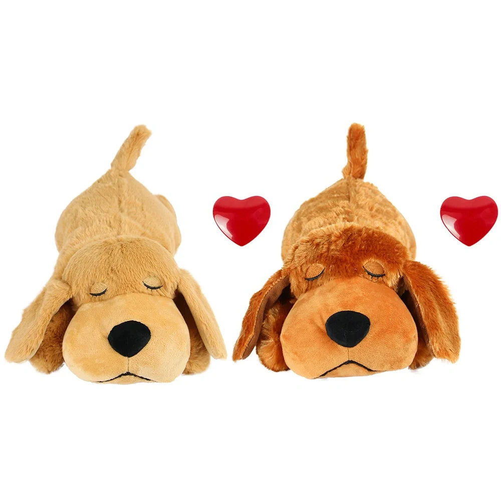 Light brown plush dog toy measuring 37cm long with heartbeat accessory for pet anxiety relief