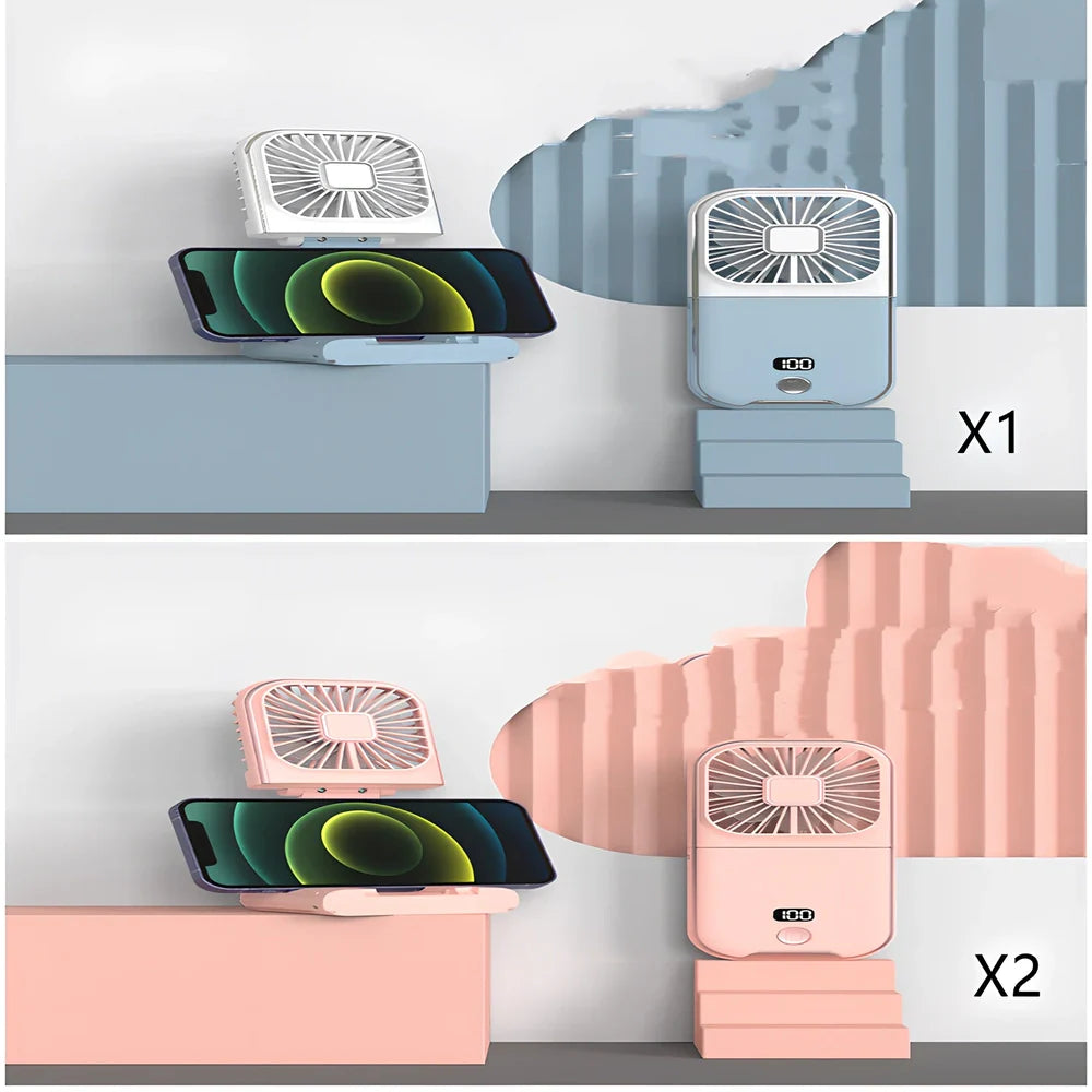 F30Pro folding portable handheld fan in white with digital display, 169x81x20mm size, USB charging, plastic blades for cooling