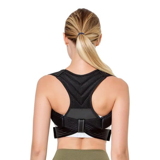 Black anti-humpback correction belt with adjustable straps for posture support during sports activities