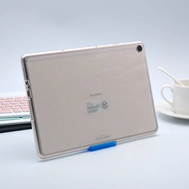 Clear transparent white silicone protective case for a tablet, showing a slim profile.