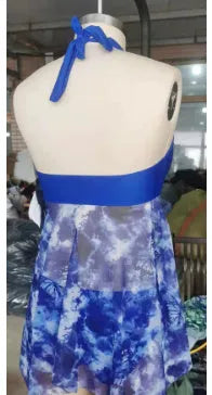 Blue women's bikini swimsuit with briefs style on a mannequin.
