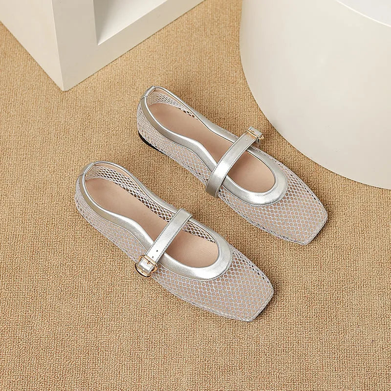 Women's beige mesh summer pump with square toe, flat heel, and buckle closure on a white background.
