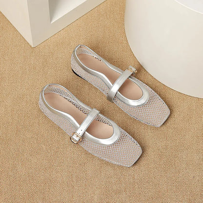 Women's beige mesh summer pump with square toe, flat heel, and buckle closure on a white background.