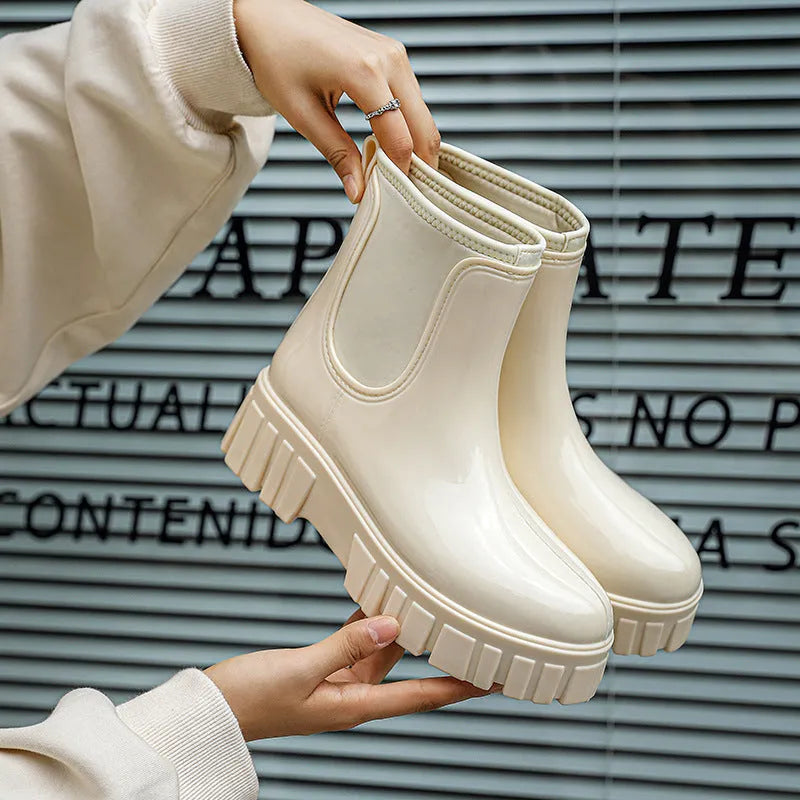 Low tube rain boots waterproof non-slip PVC flat heel boots available in creamy white apricot pink green rose red and black sizes 36 to 41 with 13cm cylinder and 5cm thickness
