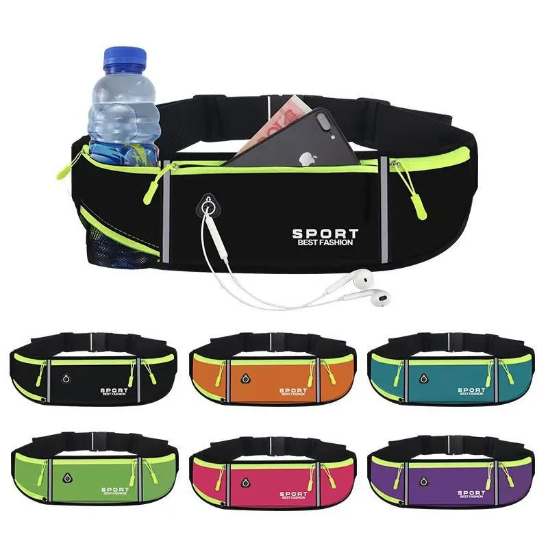 A waterproof Oxford cloth running waist bag in a choice of colours, showing multiple pocket options and anti-theft design.