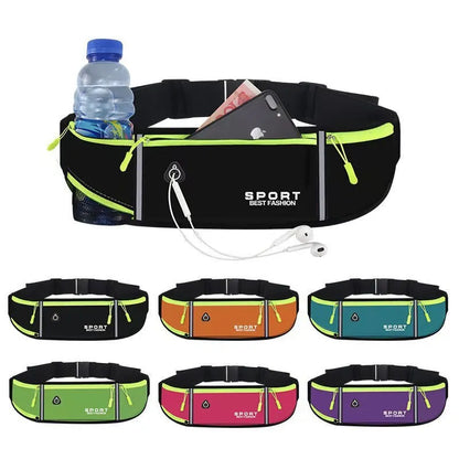 A waterproof Oxford cloth running waist bag in a choice of colours, showing multiple pocket options and anti-theft design.