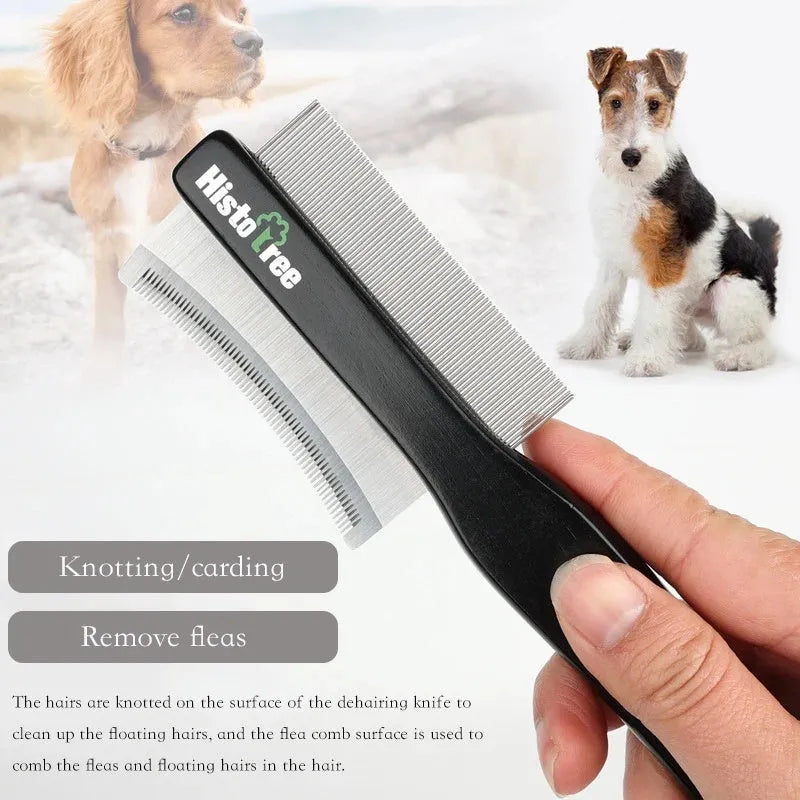 Black double-sided pet hair comb with wood handle and stainless steel teeth for cat and dog grooming