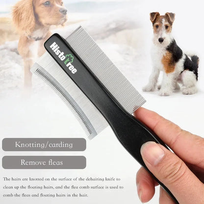 Black double-sided pet hair comb with wood handle and stainless steel teeth for cat and dog grooming