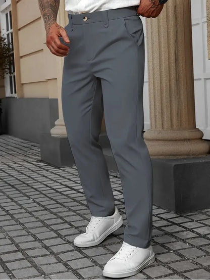 Men's straight leg business trousers in four colours: black, apricot, grey, and white.