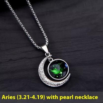12 Constellation Glowing Necklace with luminous stone pendant and titanium steel chain