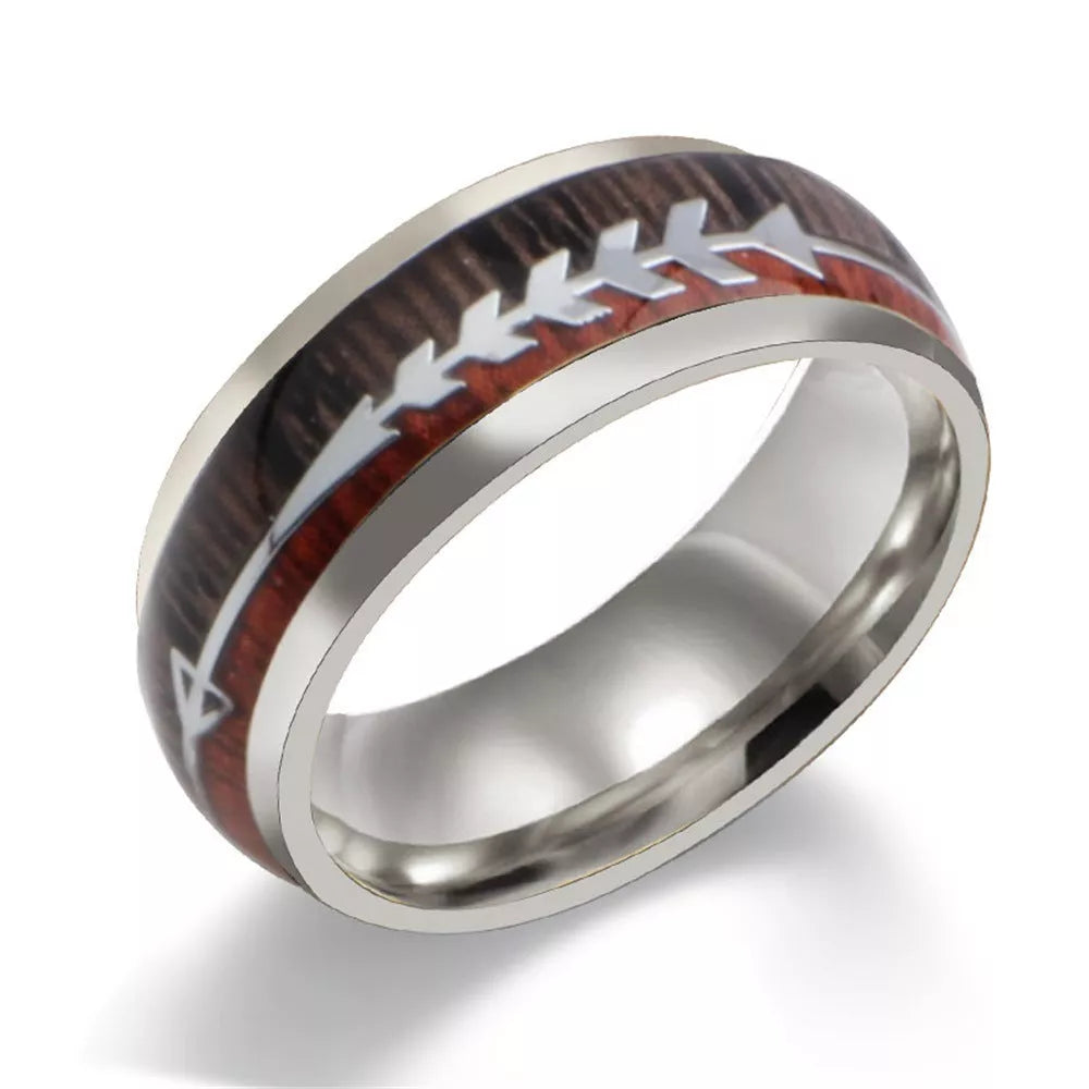 Stainless Steel Wood Grain Arrow Inlaid Ring for Men in black, rose gold, and silver