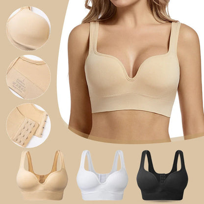 Comfortable back button up sports bra with wide straps in white, black, and apricot