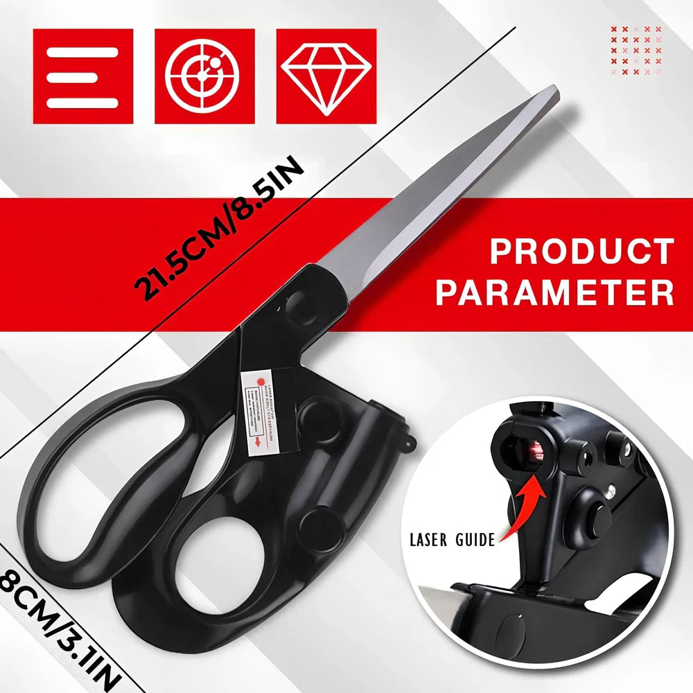 Black laser-guided scissors with red beam cutting straight line on wrapping paper