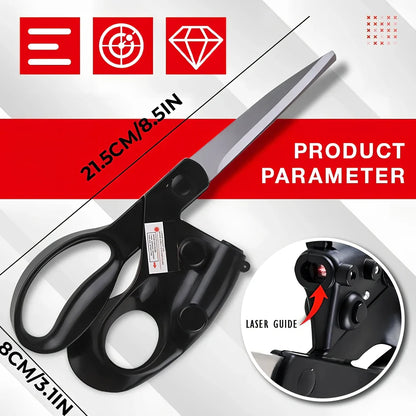 Black laser-guided scissors with red beam cutting straight line on wrapping paper