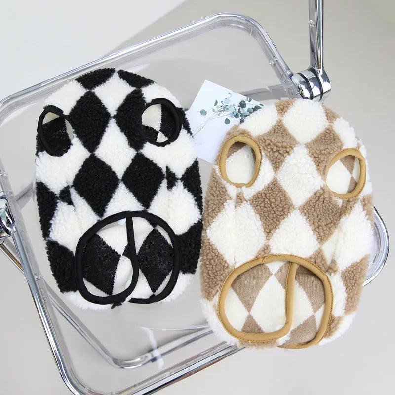 Coral velvet pet vest with diamond plaid pattern in black or brown, sizes S to XXL for cats and dogs.