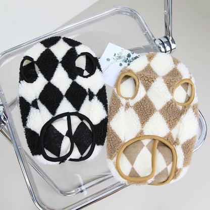 Coral velvet pet vest with diamond plaid pattern in black or brown, sizes S to XXL for cats and dogs.