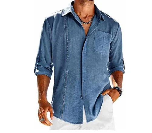 Men's casual long sleeve cotton blend shirt with polo collar, chest pocket, and lace trim detail in solid colours