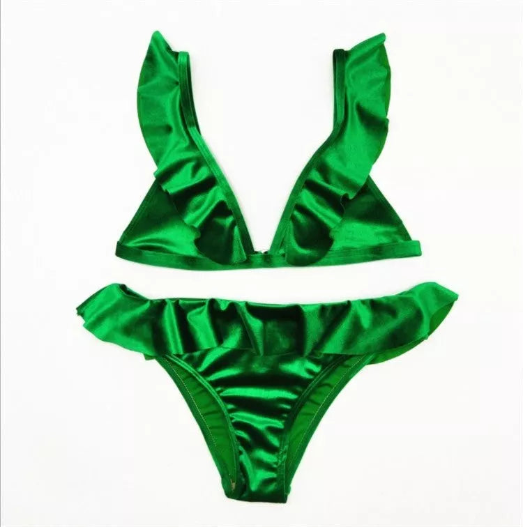 Women's Ice Velvet Ruffle Bikini Set in vibrant colors with comfortable chest pad