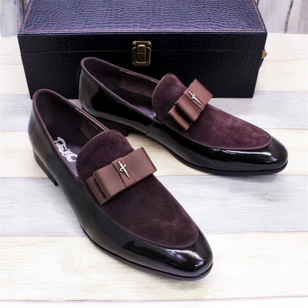 Men's low-top patent leather shoes with tassel detail in black, sizes 39-46, on a neutral background