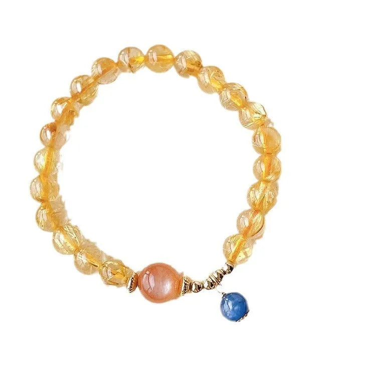 Gold rutilated quartz sunstone bracelet with round diamond shape and adjustable 20-24cm sizing