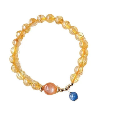 Gold rutilated quartz sunstone bracelet with round diamond shape and adjustable 20-24cm sizing