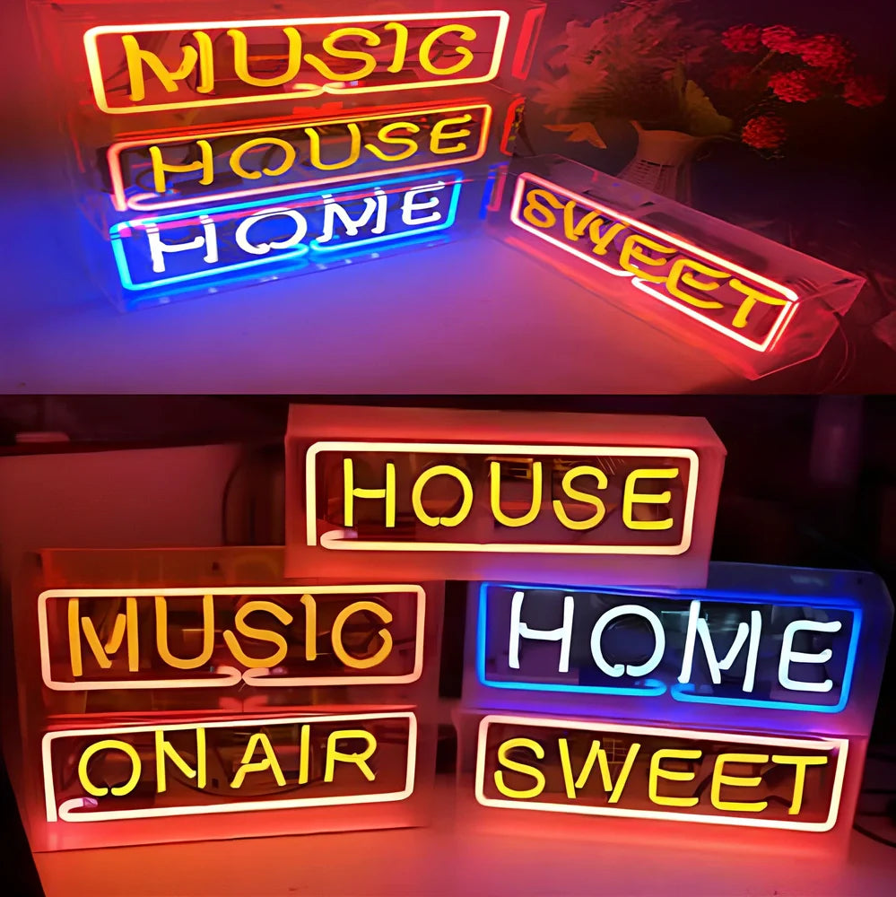 Custom neon sign light box with acrylic shell and manually bent tubes in multiple colour options