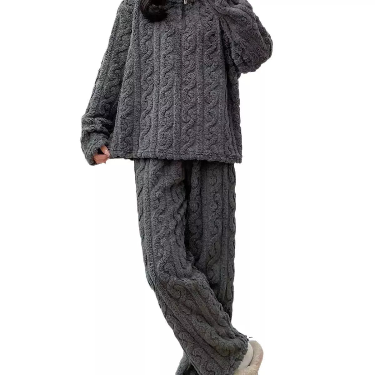 Twist zipper couple fleece-lined pajamas in various colors for winter warmth
