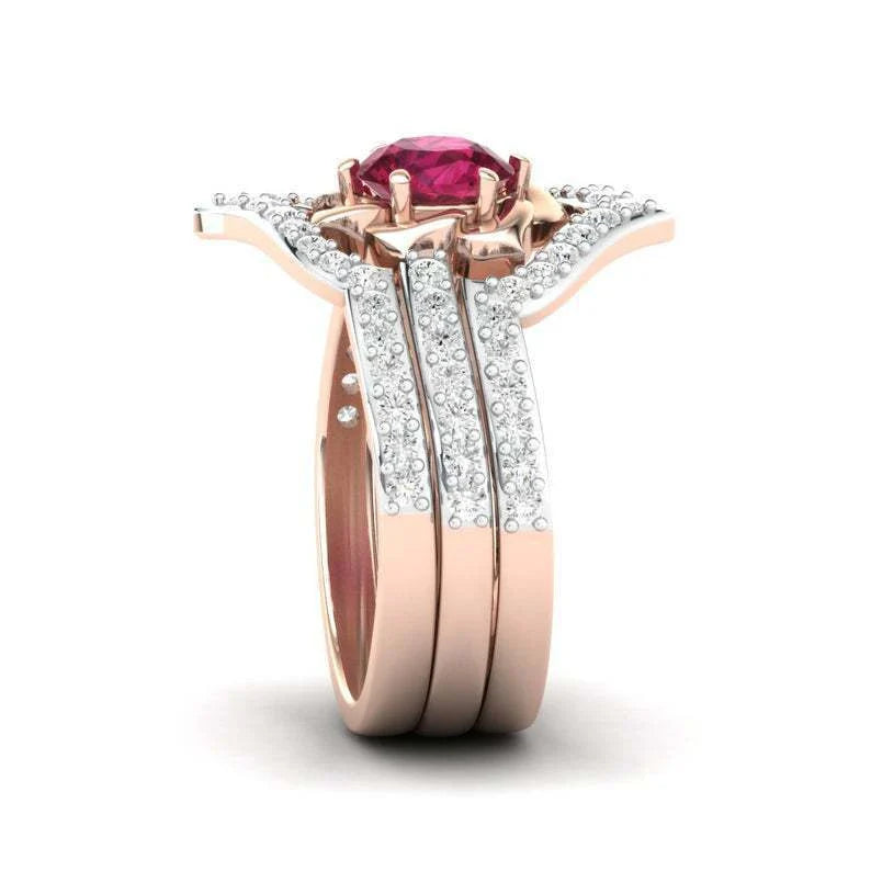 Exquisite rose gold flower engagement ring set with intricate floral design and adjustable sizing