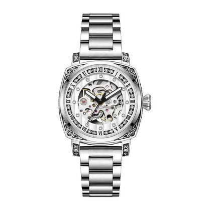 Mechanical watch with luminous hands on leather belt, stainless steel case, showing black colour option