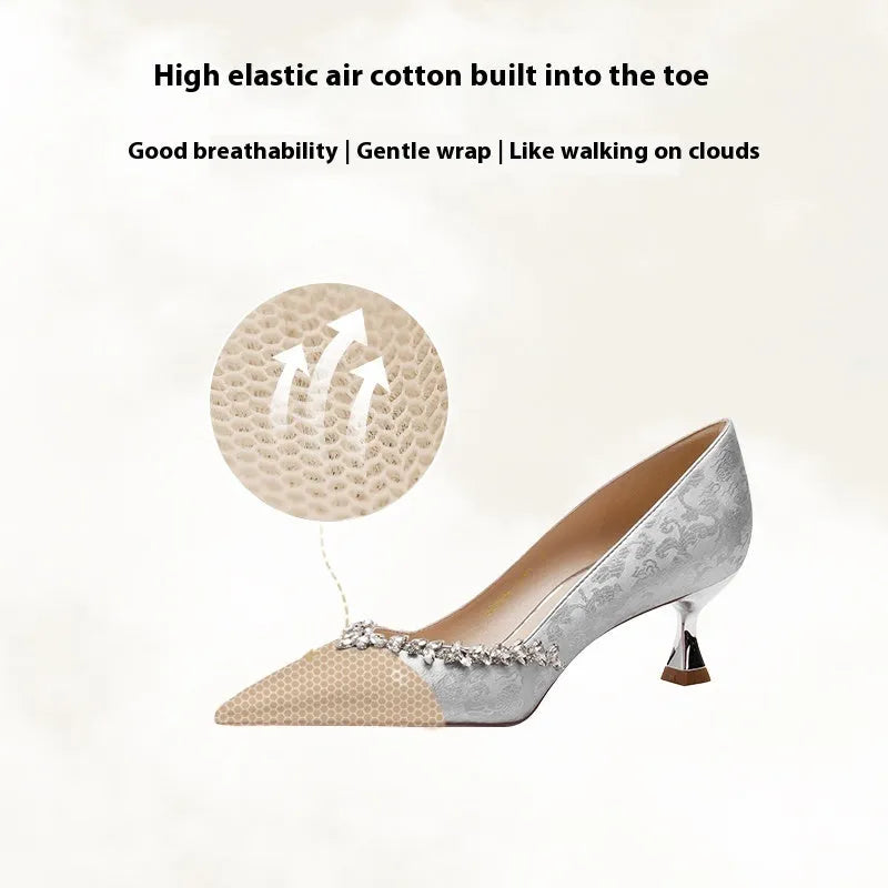 Chinese style wedding shoes with satin upper, rhinestone decoration and slip-on closure in champagne colour
