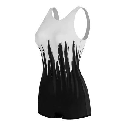 Black printed conservative sports one-piece swimsuit for women